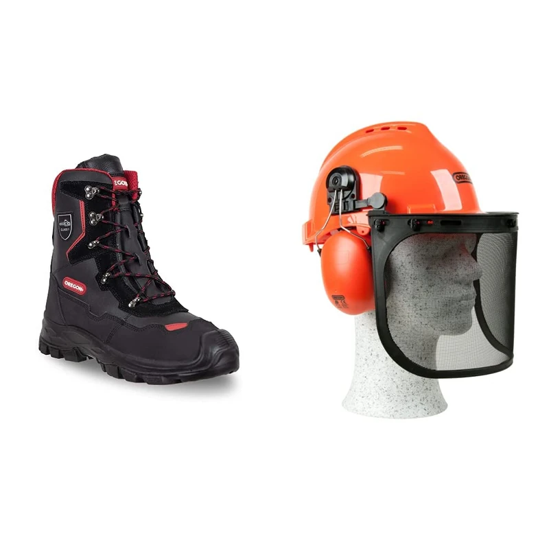 Oregon Yukon Leather Chainsaw Cut Resistant Boots Class 1 Size 10.5 (295449/45) & Yukon Chainsaw Safety Helmet with Protective Ear Muff and Mesh Visor (562412), Black