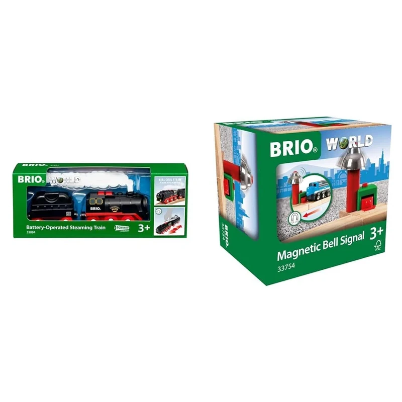 BRIO World Battery Powered Steaming Train Engine for Kids Age 3 Years Up for Children & World Magnetic Railway Bell Signal for Kids Age 3 Years Up - Compatible with all Train Sets & Accessories