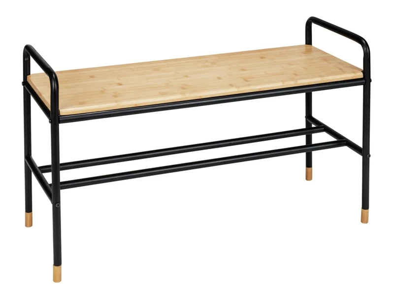 WENKO Loft Shoe Rack in Factory Flair with Shelf for up to 4 Pairs of Shoes, Made of Steel Tubular with Solid Seat Made of FSC®-Certified Bamboo, 85 x 50 x 33.5 cm, Black/Natural