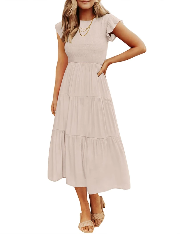 ZESICA Women's 2024 Summer Casual Flutter Short Sleeve Crew Neck Smocked Elastic Waist Tiered Midi Dress, Apricot, XXL