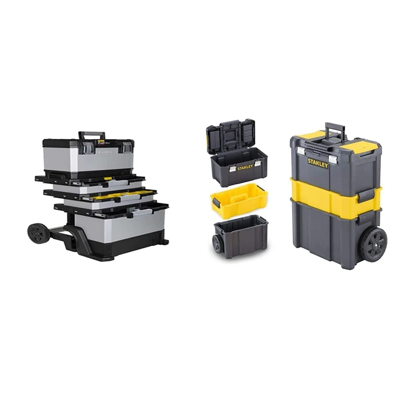 STANLEY FATMAX Rolling Workshop Toolbox, Heavy Duty Metal Latch, 4 Level Workstation with Portable Tote Tray, 1-95-622 & Essential Rolling Workshop Toolbox, 3 Tier Stackable Units, STST1-80151