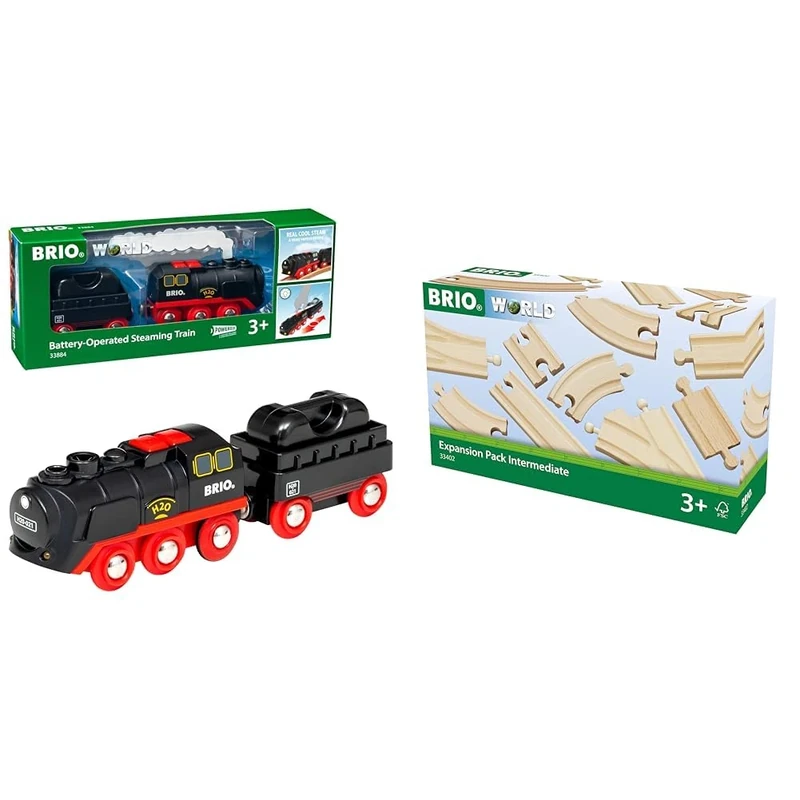BRIO World Battery Powered Steaming Train Engine for Kids Age 3 Years Up for Children & World Expansion Pack - Intermediate Wooden Train Track for Kids Age 3 Years Up