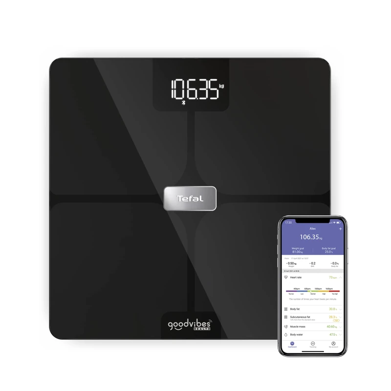 Tefal Goodvibes BM9670S1 Smart Scale, 14 Body Displays, Unlimited User Count, 180 kg Capacity and Glass Top 32 x 32 cm, Black - Image 1