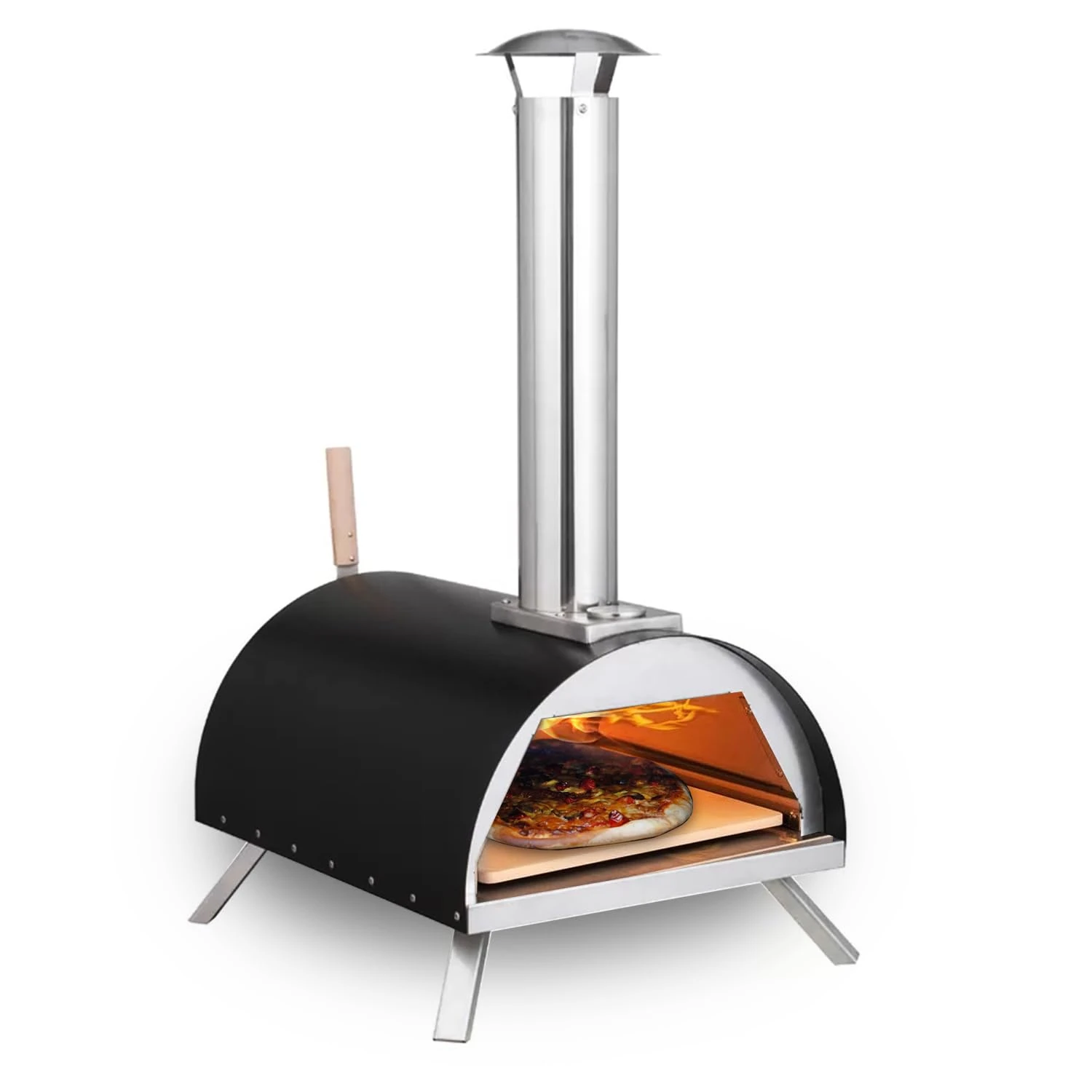 Haven Wood Fired Pizza Oven with Built-in Thermometer Multi-Purpose BBQ Oven Portable Stainless Steel Rustproof Outdoor Pizza Oven with 11" Pizza Stone, Pizza Paddle and Rain Cover, Black/Silver