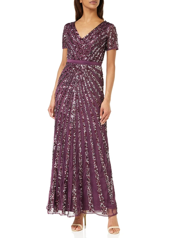 Maya Deluxe Women's Abendkleid Pailletten Maxi Abendkleid Elegant für Hochzeit V-Ausschnitt A-linien-schnitt Brautjungfernkleid Bridesmaid Dress, Berry,