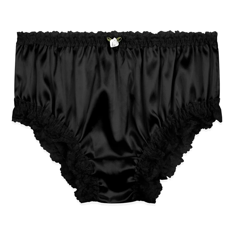 Satini Women's Satin Frilly Lace Sissy French Knickers Briefs Panties (Black, XL)