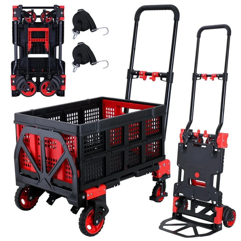 JJSMKCH 2-in-1 Convertible B-red Hand Truck Dolly, 330LBS Capacity, 4 Wheels, Folding Basket, Alloy Steel