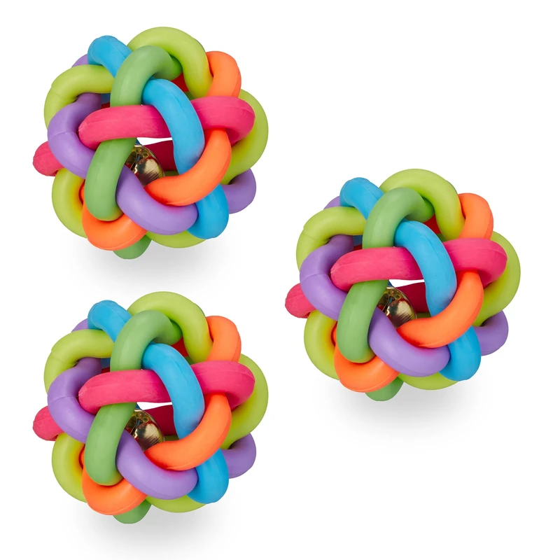 Relaxdays Set of 3, Tug Toys, Bite & Chew, Ball, Puppy, Small & Medium Dogs, Multipack, Multicoloured, 6.5 cm