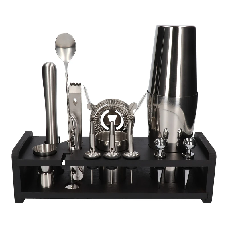 17 el bartender set with black stand silver shaker tin on tin
