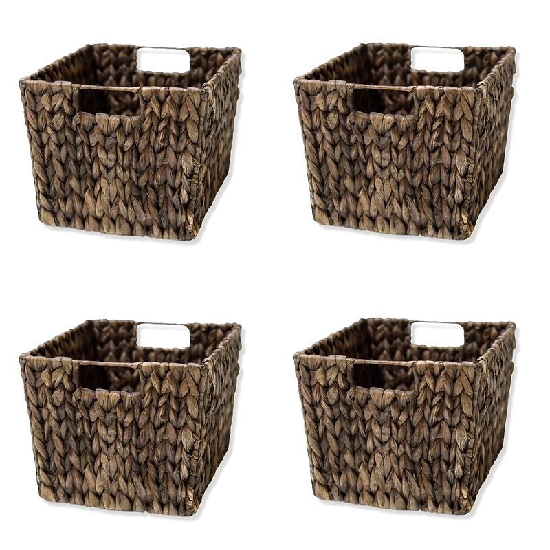 11.5" Hyacinth Storage Basket with Handles, Rectangular, by Trademark Innovations (Set of 4, Espresso)