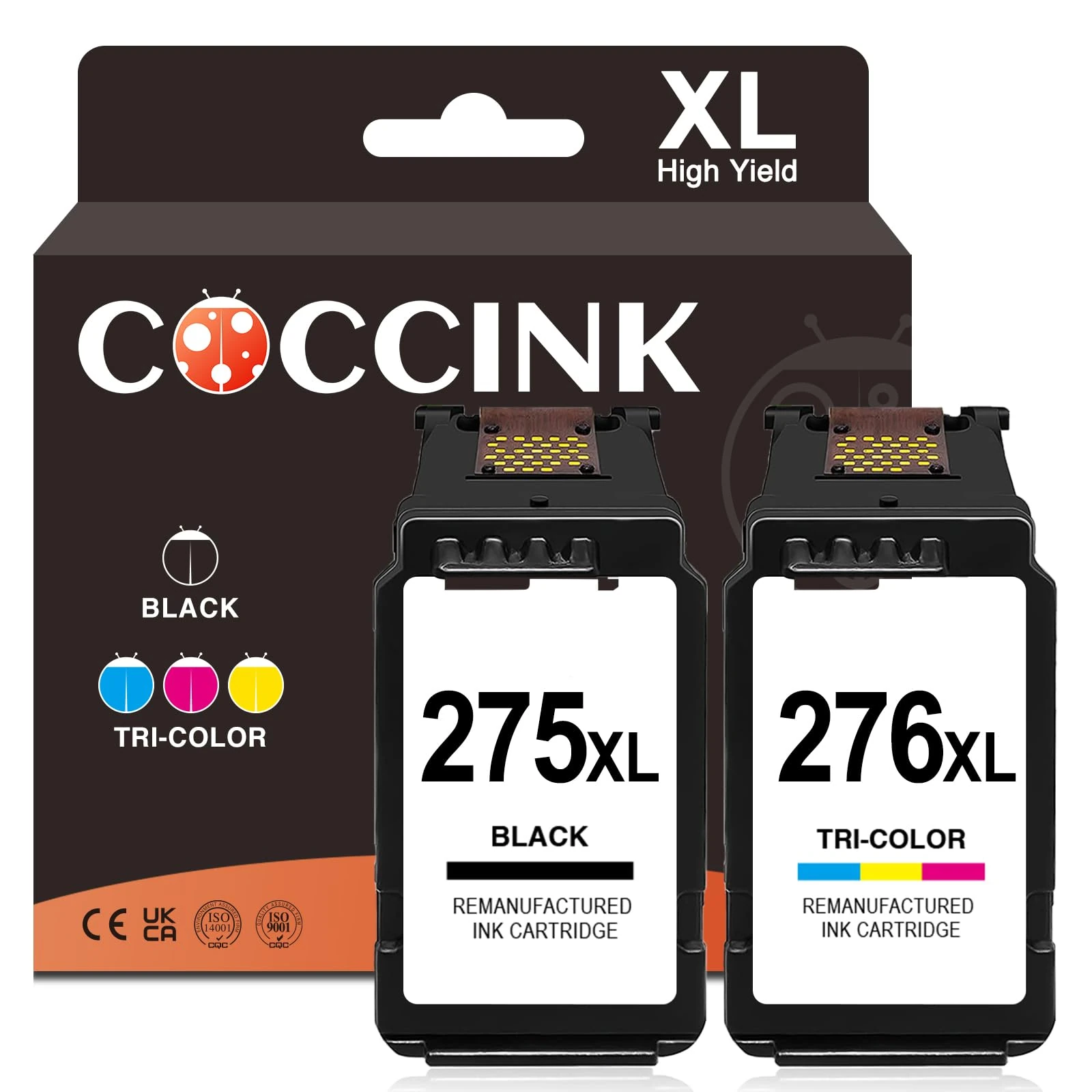 COCCINK 275XL 276XL for Canon Pixma TS3722 Ink Cartridges Pixma TS3720 TS3700 TR4720 TR4722 TR4700 TR4725 TS3522 TS3520 TS3500 Printer Remanufactured for Cannon Ink 275 276 XL PG-275 (1 Black 1 Color)