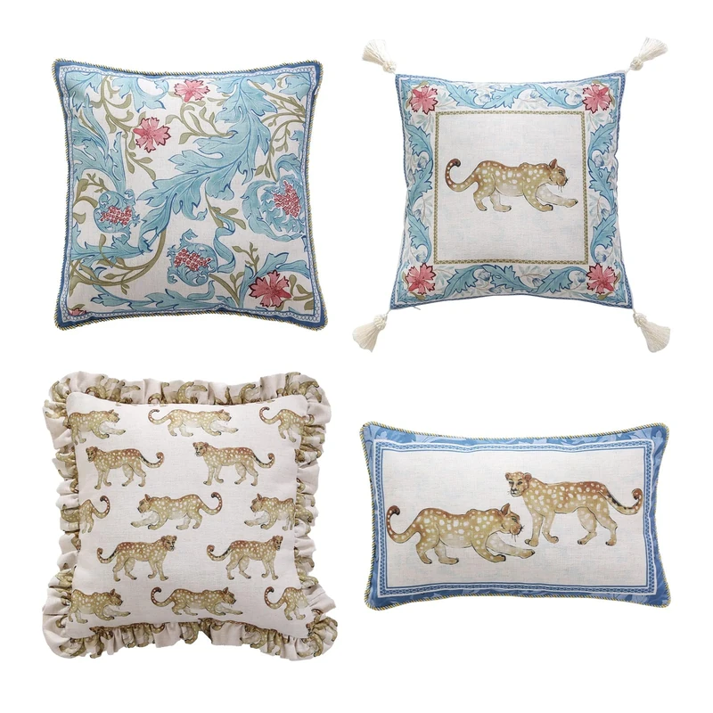 patdrea Designer Throw Pillow Covers for Couch,Vintage French Linen Pillows Cover with Cheetah Pattern and Luxury Pendant,Fall Farmhouse Decorative Pillowcases for Bed Living Room Outdoor Set of 4