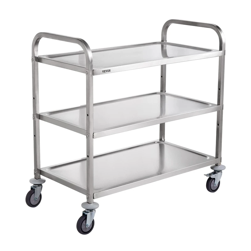 VEVOR Kitchen Utility Cart, 3 Tiers, Wire Rolling Cart with 220LBS Capacity, Steel Service Cart on Wheels, Metal Storage Trolley with 80mm Basket Curved Handle PP Liner 6 Hooks, for Indoor and Outdoor