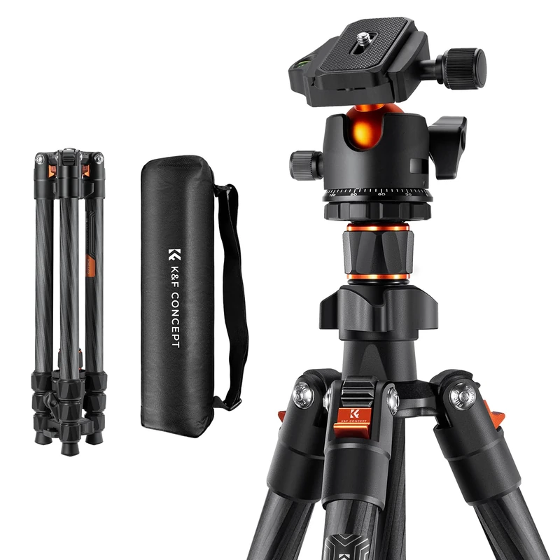 K&F Concept 64" height/Load 8kg Carbon Fibre Camera Tripod, Lightweight Compact Tripod with Central Column, Low Profile Ball Head and Carry Bag for DSLR Camera K254C2+BH-36L - Image 1