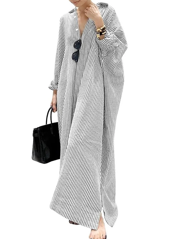 utcoco Womens Striped Long Sleeve Dress Casual Loose Button Down Cotton Maxi Shirt Dress, Grey, XL
