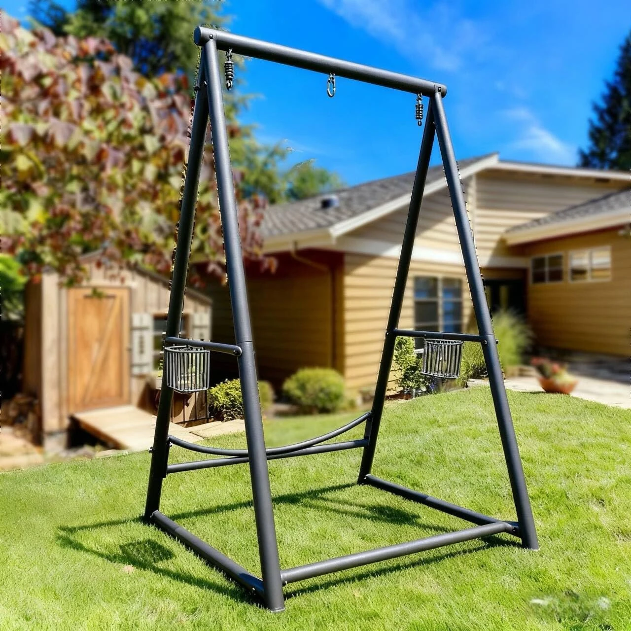 YOXIFOC Reinforced Base & Triangular Structure Hammock Stand with 2 Storage Baskets, Swing Stand with 3 Hooks Fit for Most Hanging Chair for Oudoor&Indoor (Stand Only) (Grey)