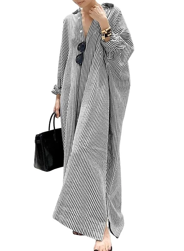 utcoco Womens Striped Long Sleeve Dress Casual Loose Button Down Cotton Maxi Shirt Dress, Black, XXL