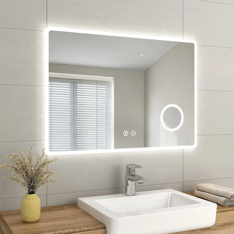 EMKE LED Bathroom Mirror with Shaver Socket 1000x700mm, Bluetooth Bathroom Mirror with Lights, Backlit Wall Mounted LED Mirror with 3X Magnifier, Bluetooth Speaker, Horizontal, IP44