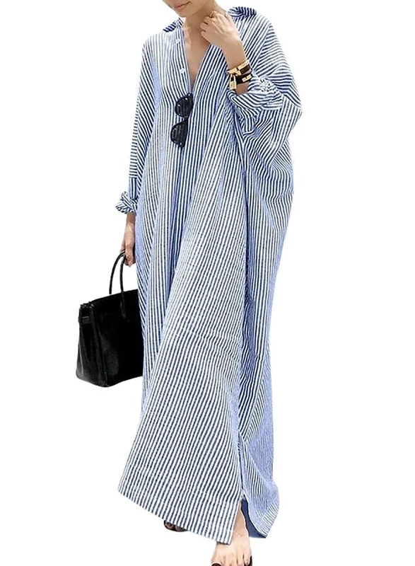 utcoco Womens Striped Long Sleeve Dress Casual Loose Button Down Cotton Maxi Shirt Dress, Blue, XL