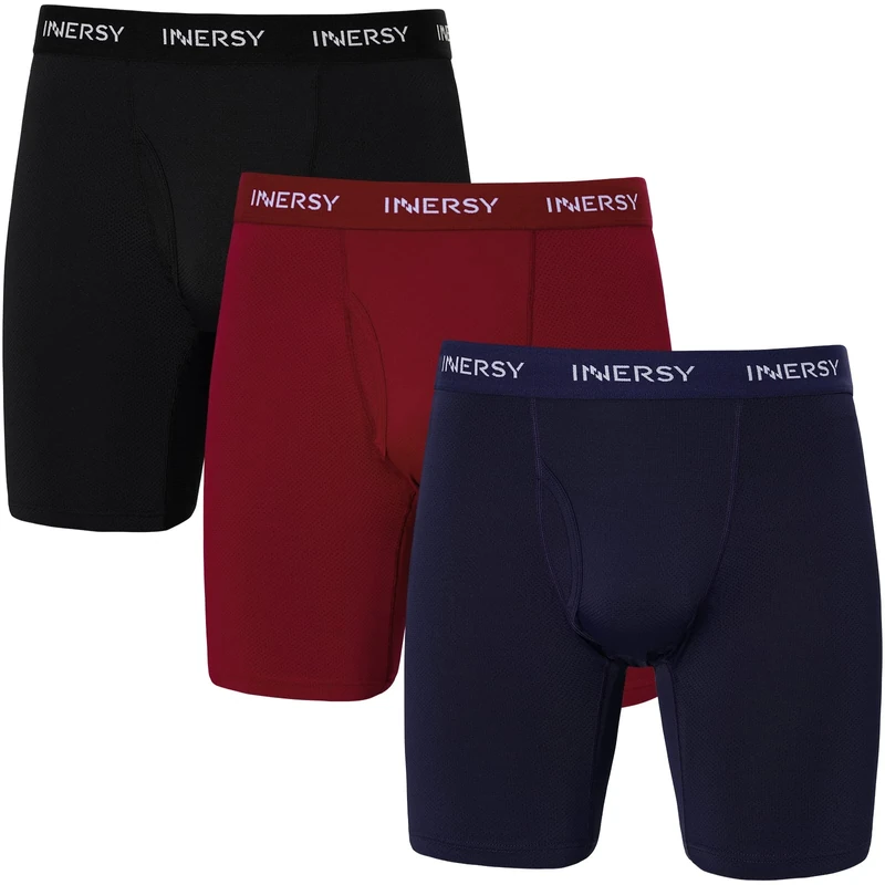 INNERSY Mens Long leg Boxers Sports Anti Chafing Underwear Trunks Quick Dry Underpants Multipack 3 (XL, Black/Navy Blue/Burgundy)