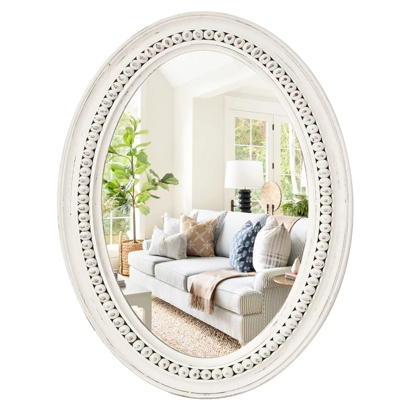 H HOMEWINS Oval Wood Rustic Mirror,20x30 Wooden Oval Decorative Mirrors,Farmhouse Wall-Mounted White Beads Decor Mirror for Bedroom, Bathroom, Living Room,Vanity