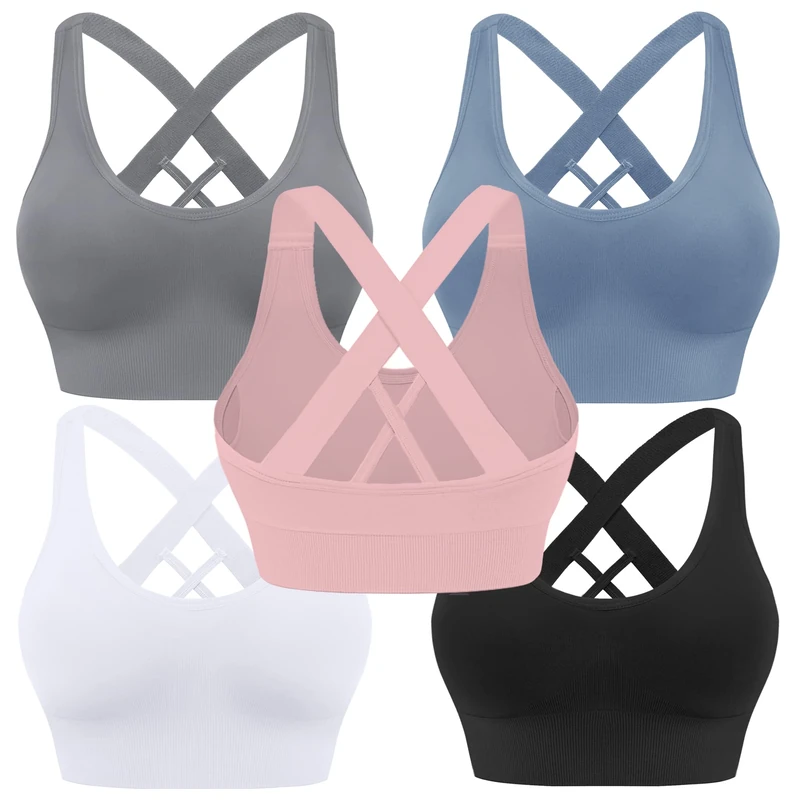 Evercute Sports Bra for Women Padded Medium Support Criss Cross Strappy Bras Seamless High Impact Yoga Exercise Athletic Bras, ①Black White Gray Pink Dusty Blue 5 Pack, XXL