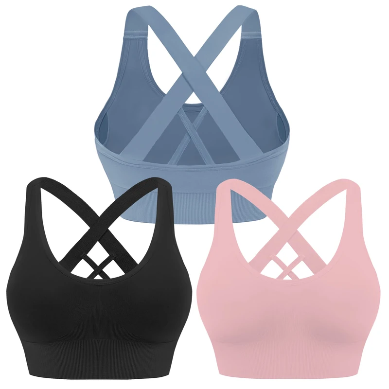 Evercute Sports Bra for Women Padded Medium Support Criss Cross Strappy Bras Seamless High Impact Yoga Exercise Athletic Bras, Black Pink Dusty Blue 3 Pack, M