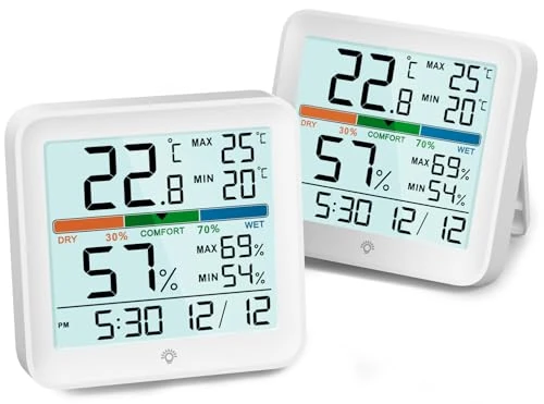 NOKLEAD Digital Thermometer Indoor Room Hygrometer,Accurate Temperature Monitor Humidity Gauge Air Comfort Indicator Large Touch Light Max Min Records Clock for Nursery Home Office,2 Pack