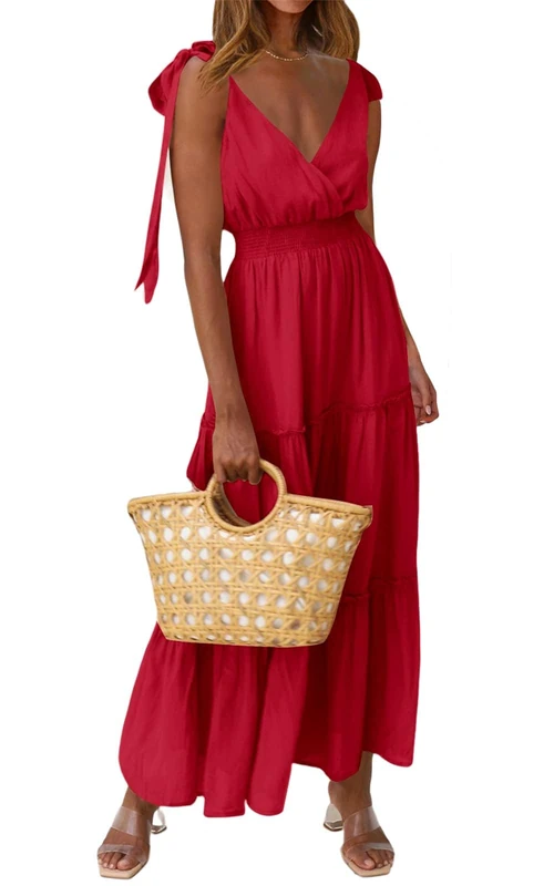PRETTYGARDEN Women's Cross Neck Summer Sleeveless Tiered Maxi Dress Beach Tie Strap Smocked Long Dresses Pleated Sundress, Red, M