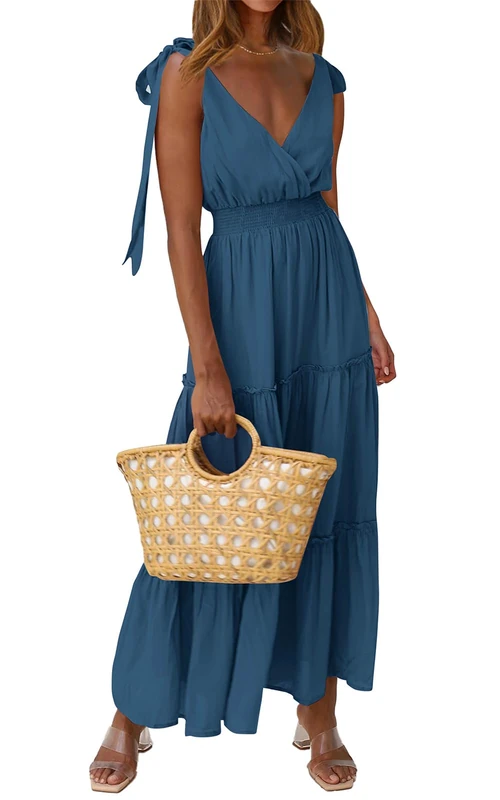 PRETTYGARDEN Women's Cross Neck Summer Sleeveless Tiered Maxi Dress Beach Tie Strap Smocked Long Dresses Pleated Sundress, Lake Blue, L