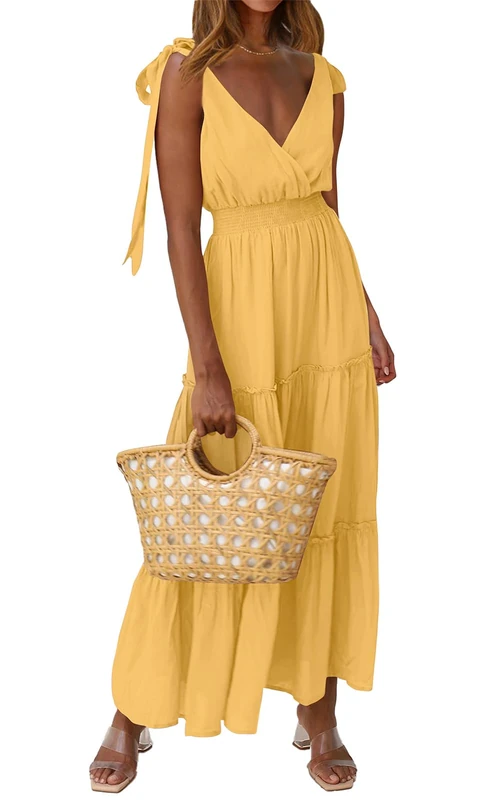 PRETTYGARDEN Women's Cross Neck Summer Sleeveless Tiered Maxi Dress Beach Tie Strap Smocked Long Dresses Pleated Sundress, Turmeric, M - Image 1