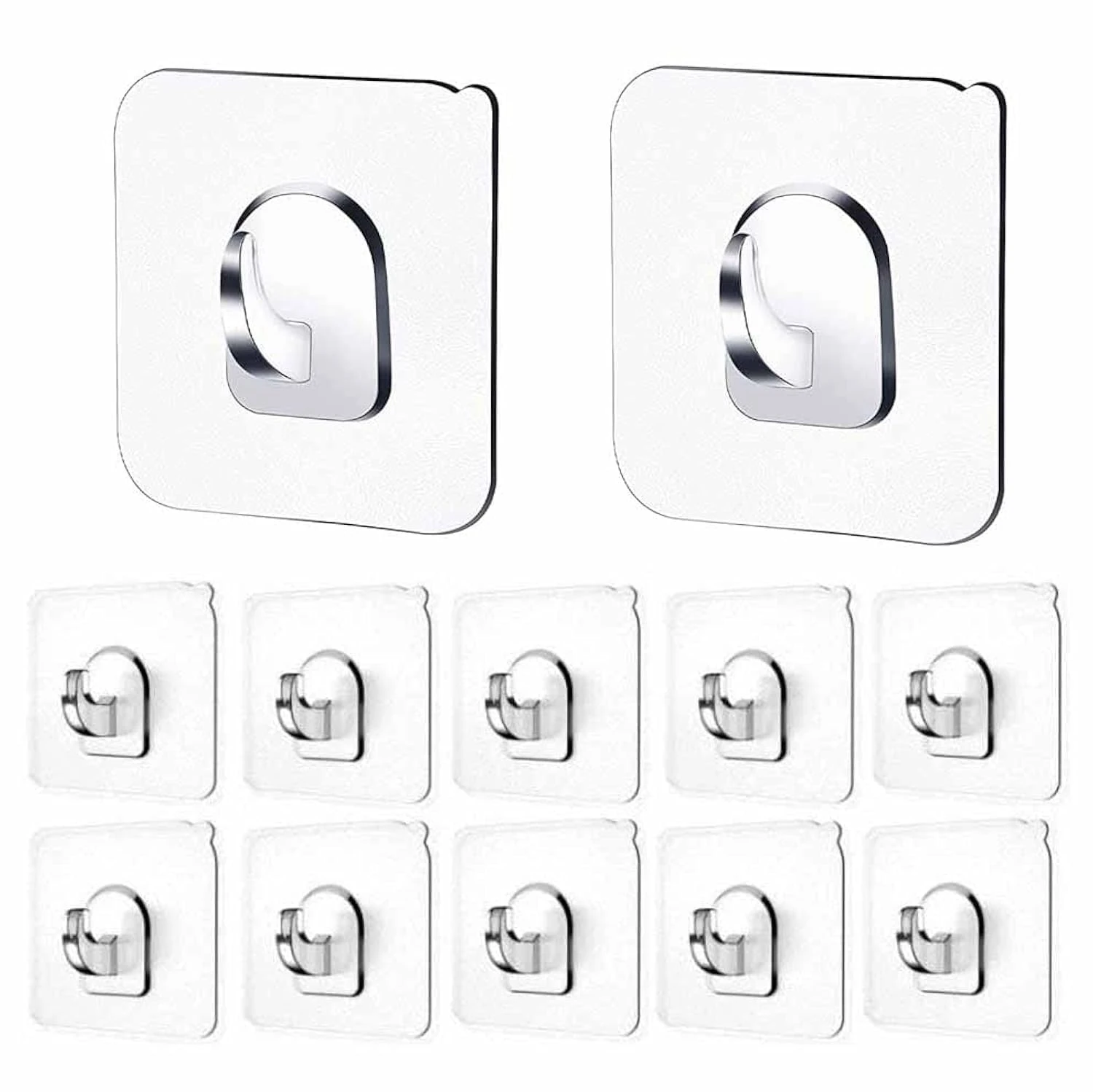 10 Self-Adhesive Hooks: Strong, Heavy Duty, No Drilling, Transparent, Waterproof, No Scratch for Shower, Kitchen