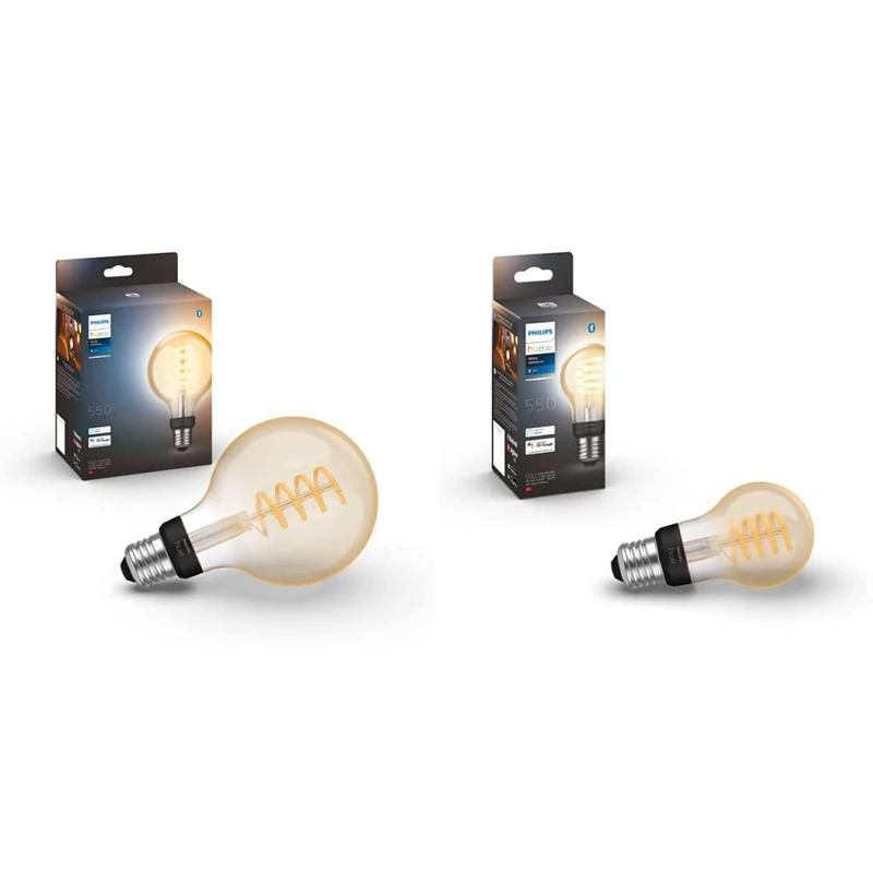 Philips Hue White Ambiance Filament Smart Light Bulb [E27 Edison Screw] & White Ambiance Filament Single Smart LED Globe [E27 Edison Screw] - 550 Lumens. Works
