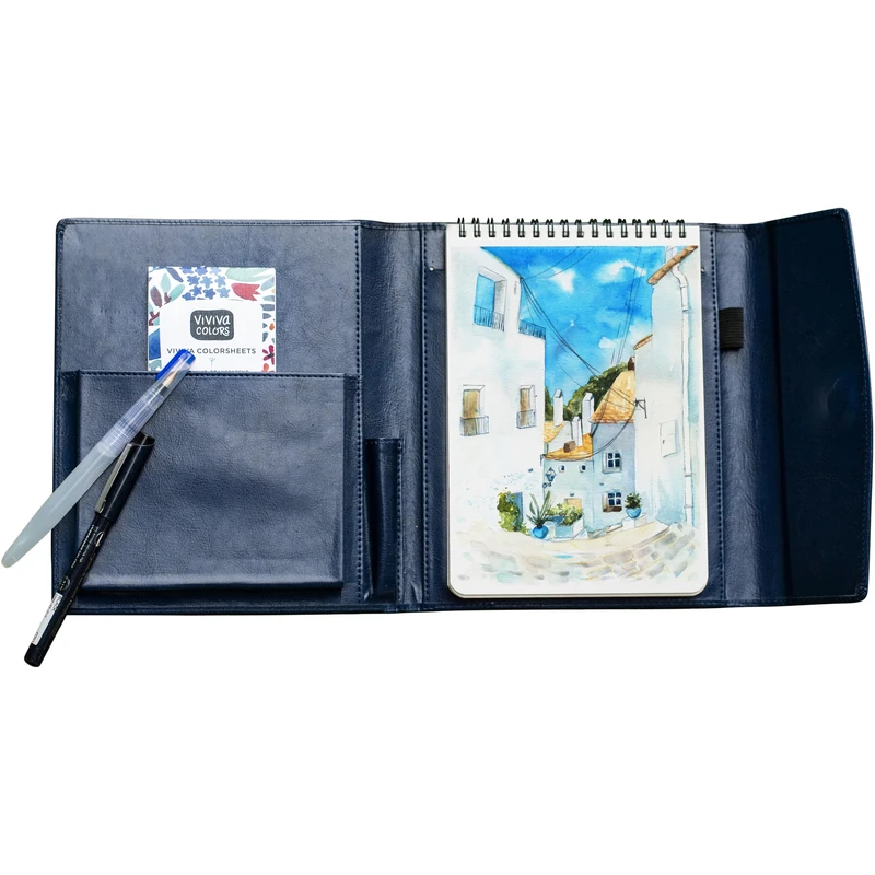 Viviva VV276054 Watercolour Travel Set A5, Faux Leather - Case with 16 Vibrant Watercolour Paints, Water Tank Brush, Black Marker in 0.5 mm and Sketchbook with 24 Sheets of 200 g/m² in Size - A5