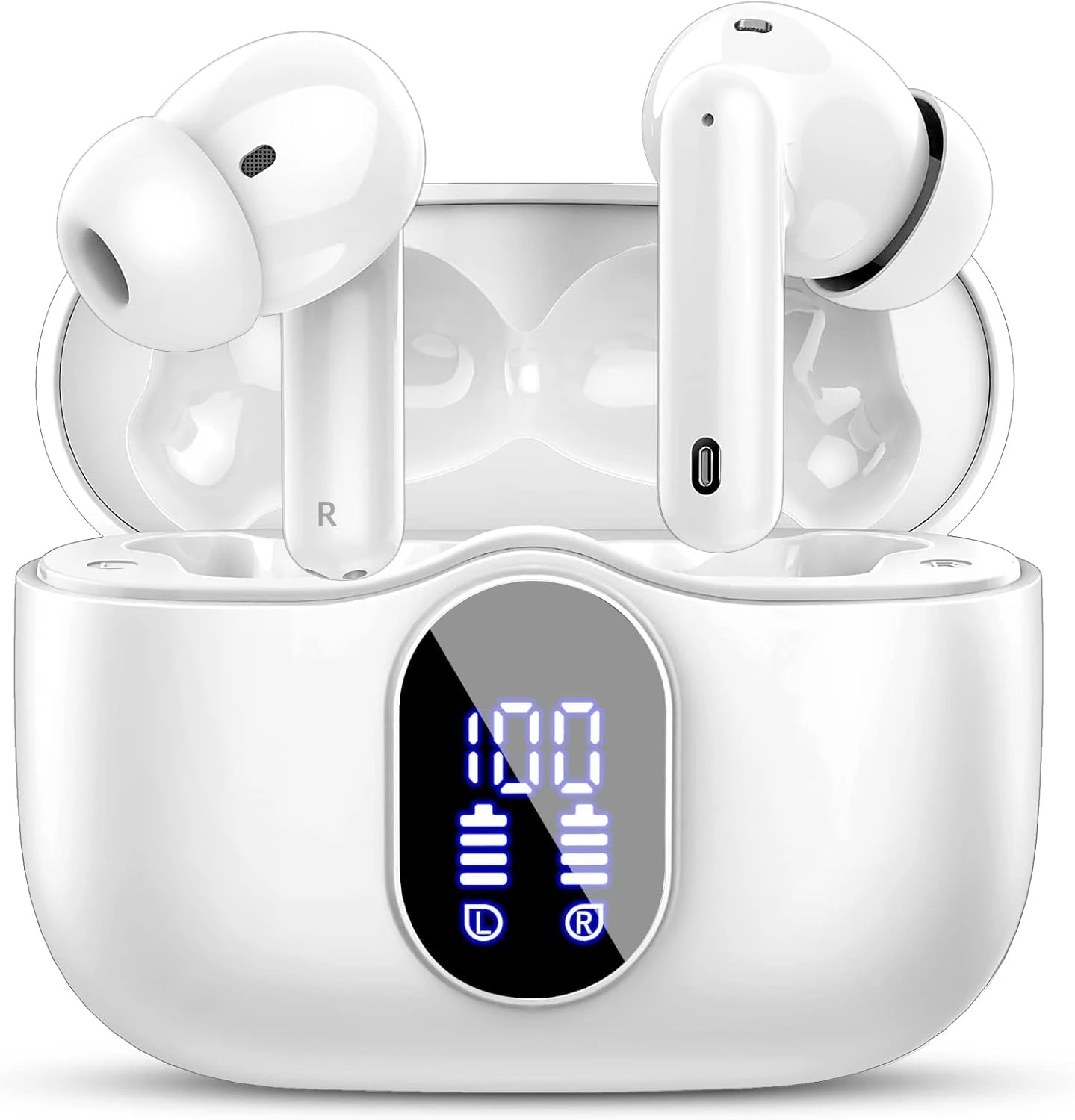 Btootos Wireless Earbuds, Bluetooth 5.3 Headphones In Ear with 4 ENC Noise Cancelling Mic, 2025 New Bluetooth Earphones Mini Deep Bass Stereo Sound, 36H Playtime LED Display Wireless Earbuds White