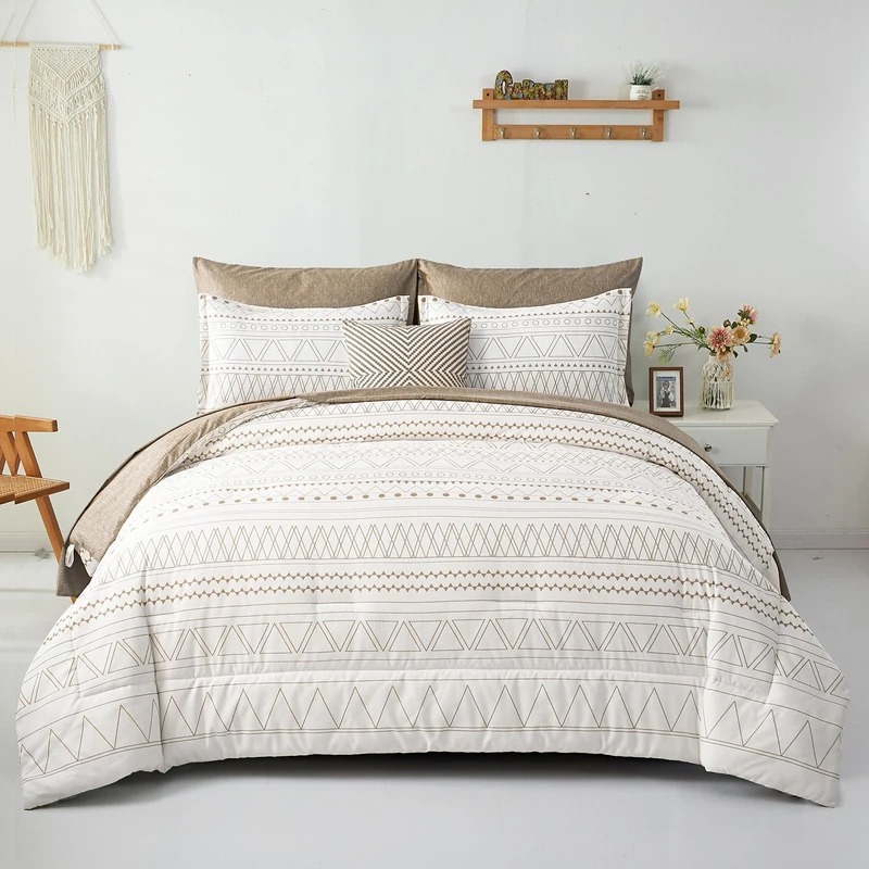 WONGS BEDDING 7 Pieces Khaki Comforter Set Boho Bed in a Bag King Size,Geometric Striped Comforter Reversible Soft Microfiber Bedding Set with Pillowcases,Flat Sheet,Fitted Sheet,Pillow Shams - Image 1