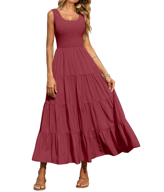 PRETTYGARDEN Women's Casual Loose Plain Maxi Sundress Smocked Tank Dress Sleeveless Summer Beach Tiered Long Dresses, Bean Paste Red, M