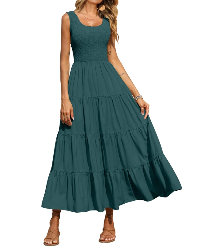 PRETTYGARDEN Women's 2025 Casual Loose Plain Maxi Sundress Smocked Tank Dress Sleeveless Summer Beach Tiered Long Dresses, Blue Green, L