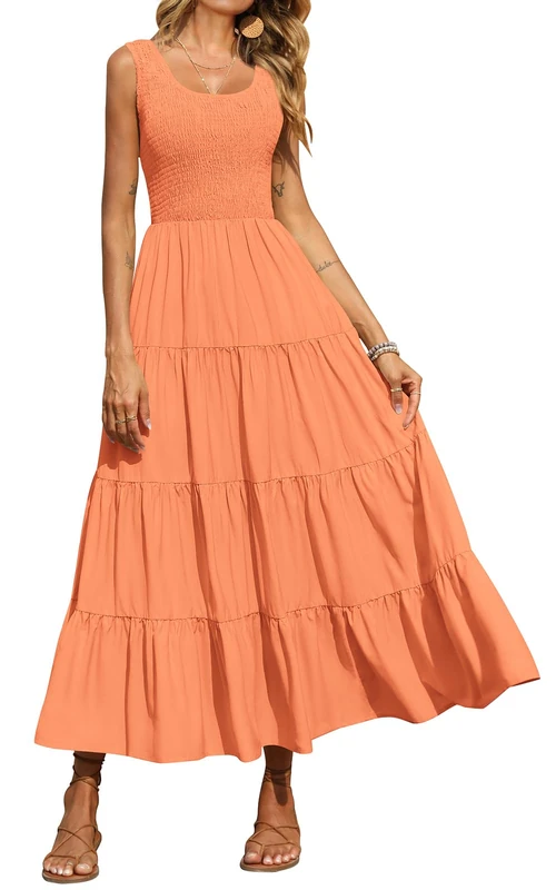 PRETTYGARDEN Women's Casual Loose Plain Maxi Sundress Smocked Tank Dress Sleeveless Summer Beach Tiered Long Dresses, Orange, S