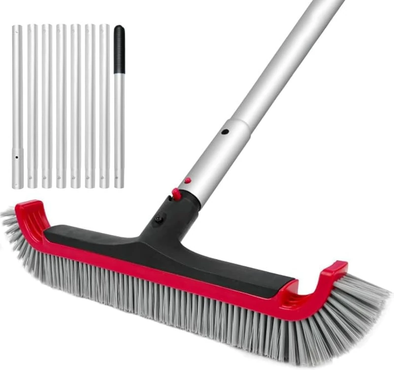 Swimming Pool Brush with Pole - 17.5" Pool Wall Brush with 10FT Adjustable Aluminum Pool Pole, Nylon Bristles, Curved Ends, EZ Clip Handle, Pool Brushes for Cleaning Pool Walls, Tiles & Floors