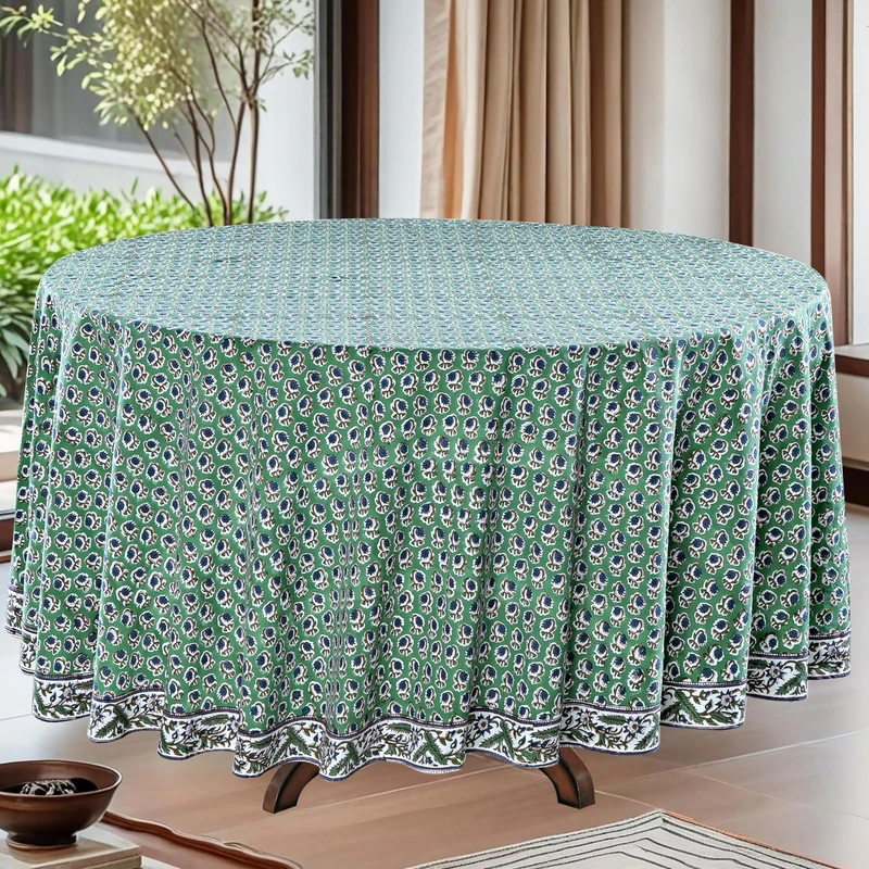 Ridhi Round Tablecloth Hand Block Print 100% Cotton Reusable Basil Green 110 Inch Table Cover Decorative Everyday Use for Dining, Home, Party, Wedding, Farmhouse, Party Gift for Spring, Mother's Day