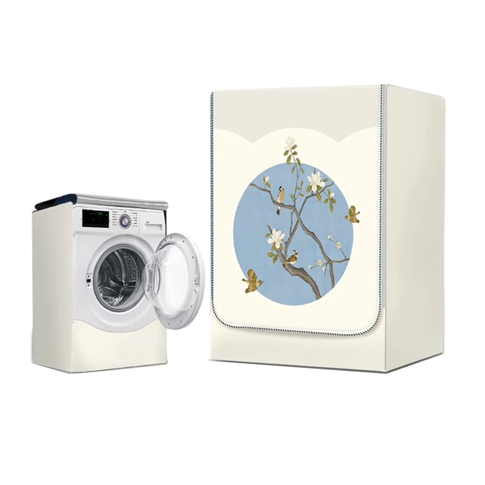 Odot Washer Dustproof Cover Front Load, Washing Machine Dryer Protector Sunscreen Waterproof Tumble Dryer Case Protective Cover for Most Front Loadi (M,White flower)