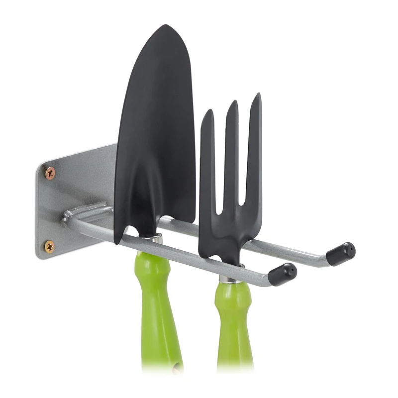 Relaxdays Appliance Holder, Garden Tools, Garage, Wall Mounted, Double, Hooks, Basement, 24 cm Length, Steel, Silver