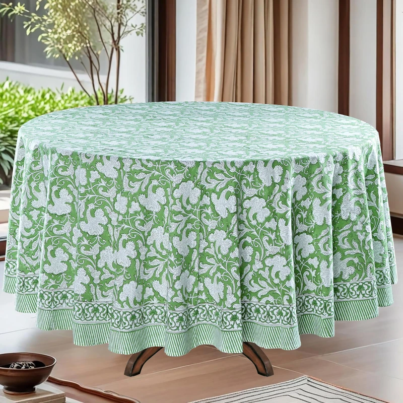 Ridhi Round Tablecloth Hand Block Print 100% Cotton Reusable Sage Green 132 Inch Table Cover Decorative Everyday Use for Dining, Home, Party, Wedding, Farmhouse, Party Gift for Spring, Mother's Day