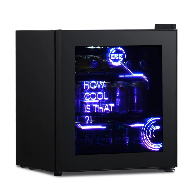 HCK 48L Mini Fridge with Glass Door, Quiet 39dB, Cyberpunk Beer Fridge with Modern LED Lighting, Drinks Fridges Gaming Refrigerators, 0-15°C Precise Control, for Bedrooms, Gaming Room, Parties, Black