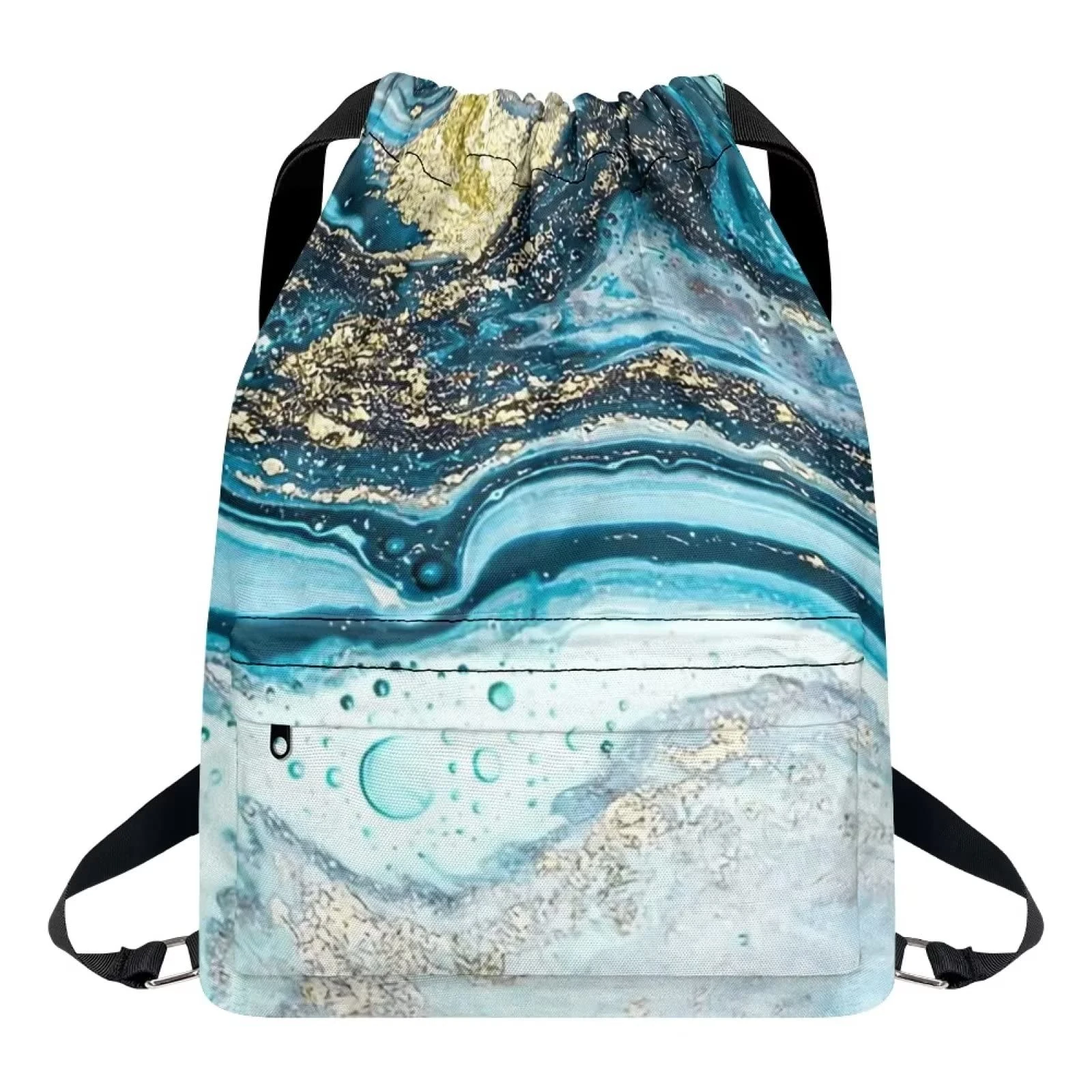 Dolyues Marble Drawstring Bag Zipper String Swim Drawstrings PE Bags Large Portable Backpack for Women Men Sport Hiking Fishing Water Resistant Cinch Bagpack