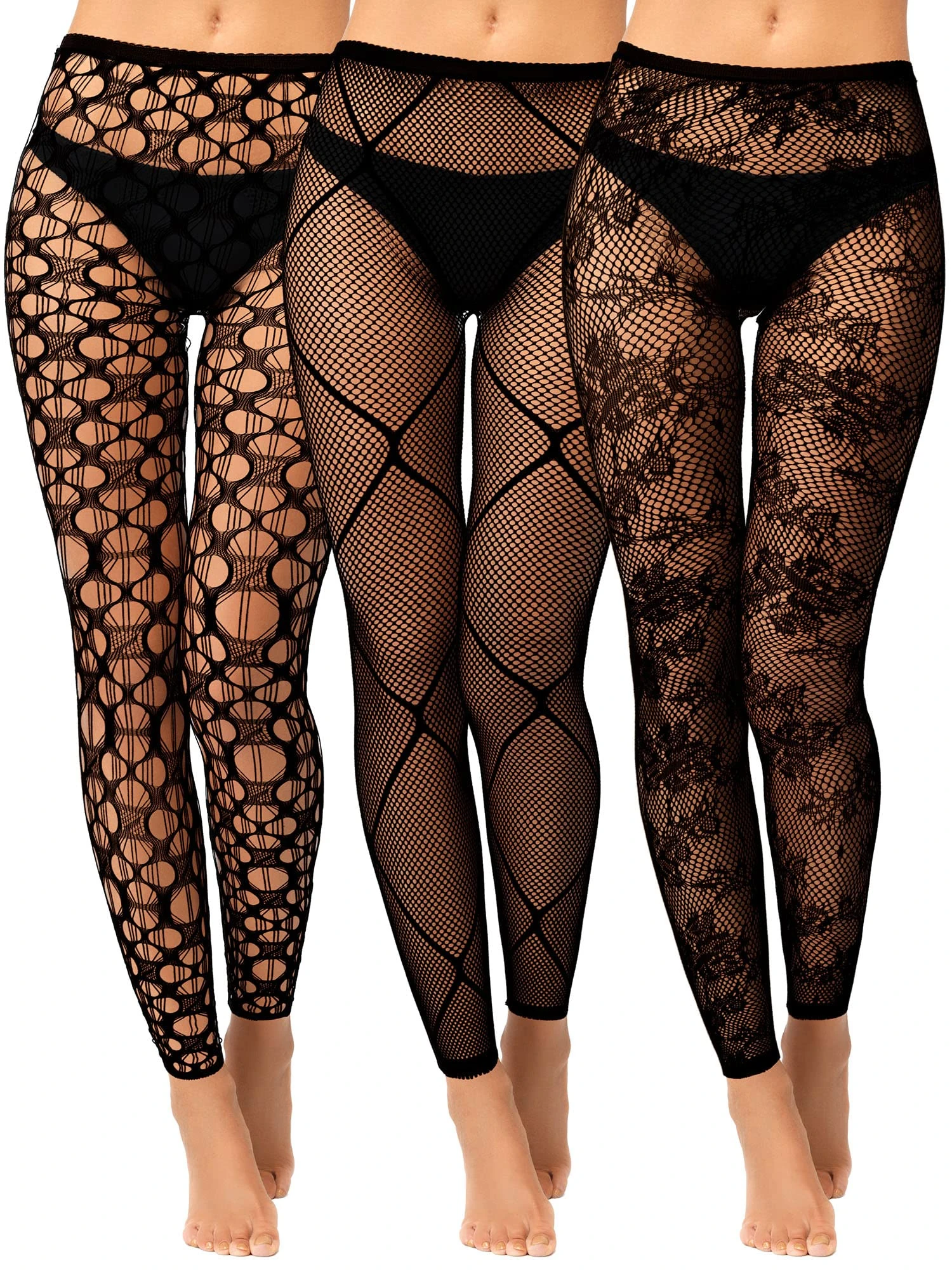 Jadive 3 Pcs Women Fishnet Tights Black High Waisted Net Footless Leggings Fish Net Tights Goth Stockings No Toes Pantyhose(Patterned Style)