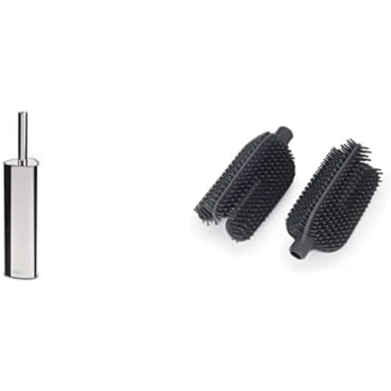 Joseph Joseph Flex 360 Luxe, Advanced Smart Toilet Brush and Storage Holder Set with anti-drip, anti-clog, triple-action replaceable brush head- Stainless-steel + Replacement Heads