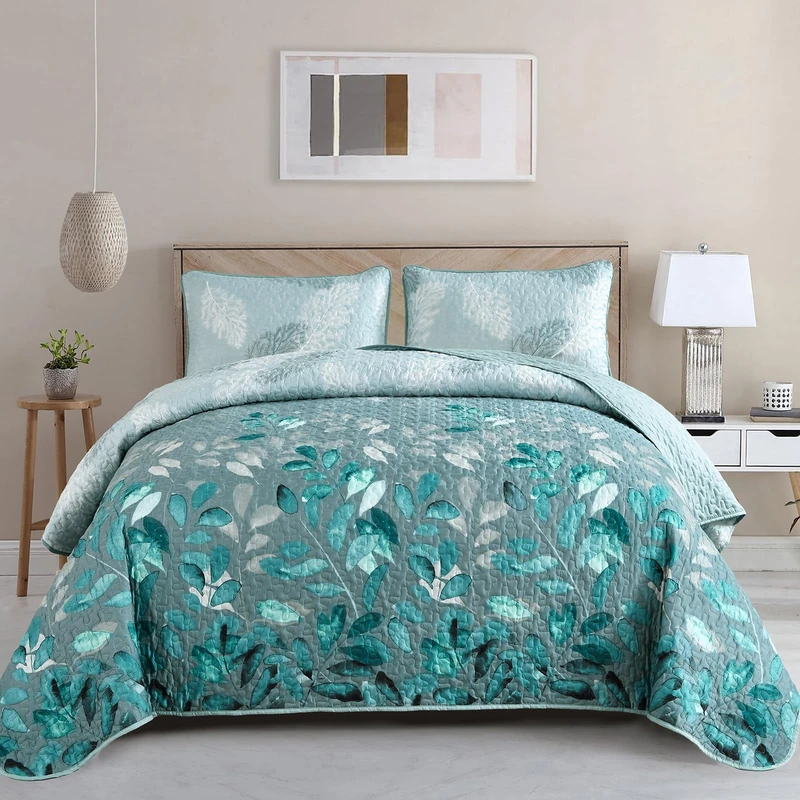 Floral Quilt Set Queen Size, 3 Pieces Aqua Botancal Leaves Bedspread Coverlet Set with 2 Pillowcases for All Season, Soft Microfiber Floral Bedding Set 96"×90"
