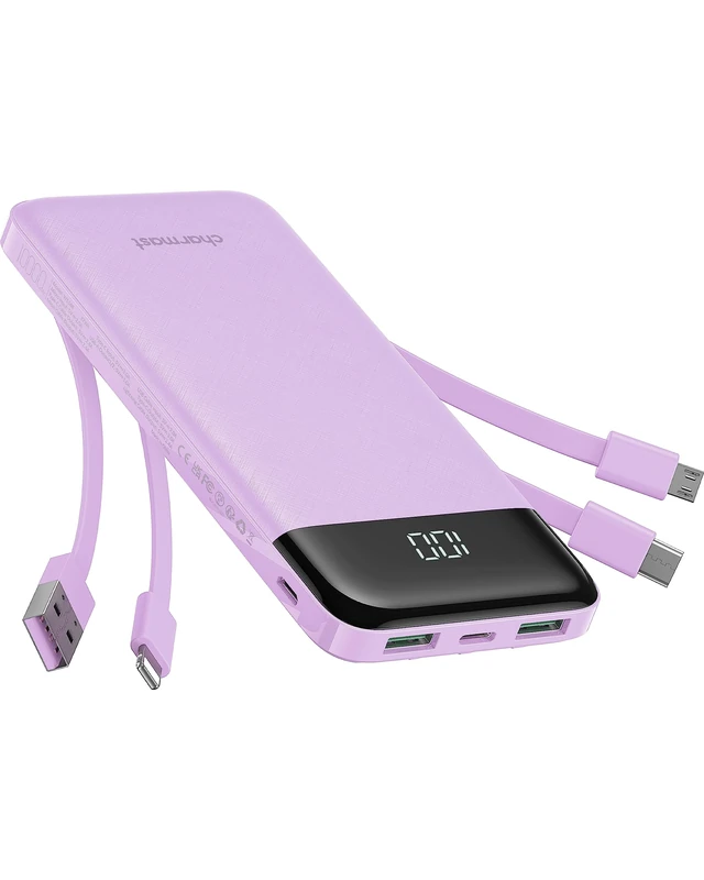 Charmast Portable Charger with 4 Built in Cables, USB C Power Bank 6 Outputs 3 Inputs with LED Display, Travel Essential Battery Pack Compatible with Smartphones Tablets and More (Purple)